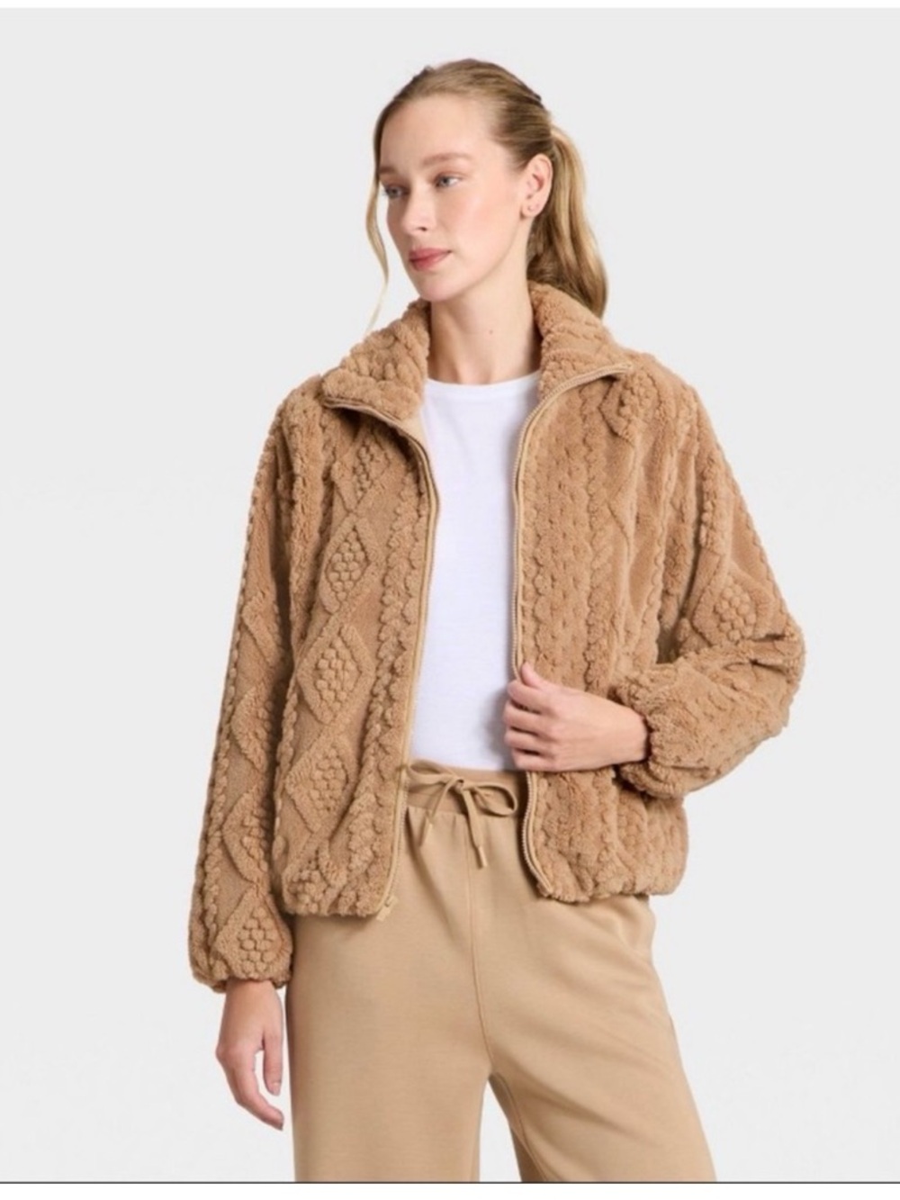 Target all in motion Camel Plush Cable-Textured Zip Jacket